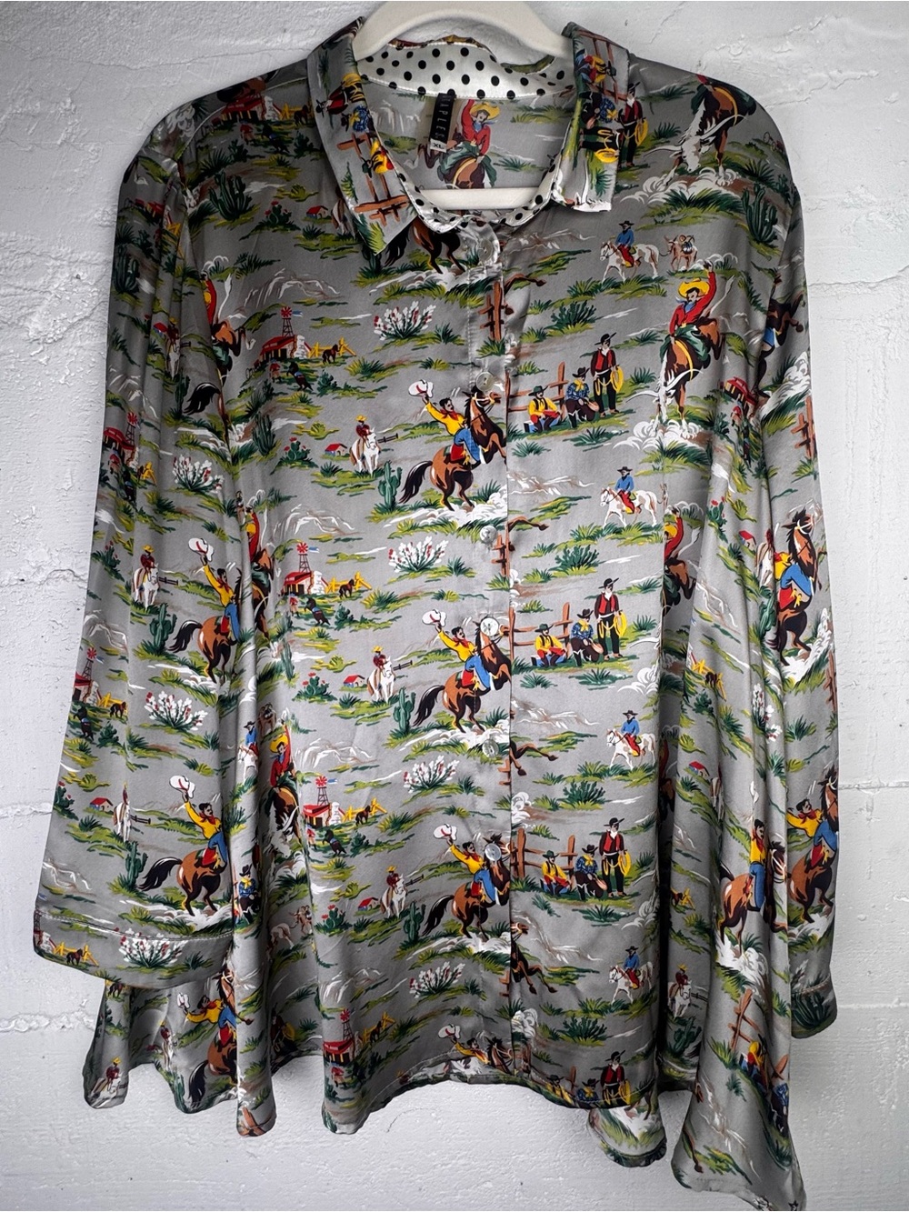 Vintage 100% Silk Staples Gray Button-Down Shirt Western Cowboy XL Women’s